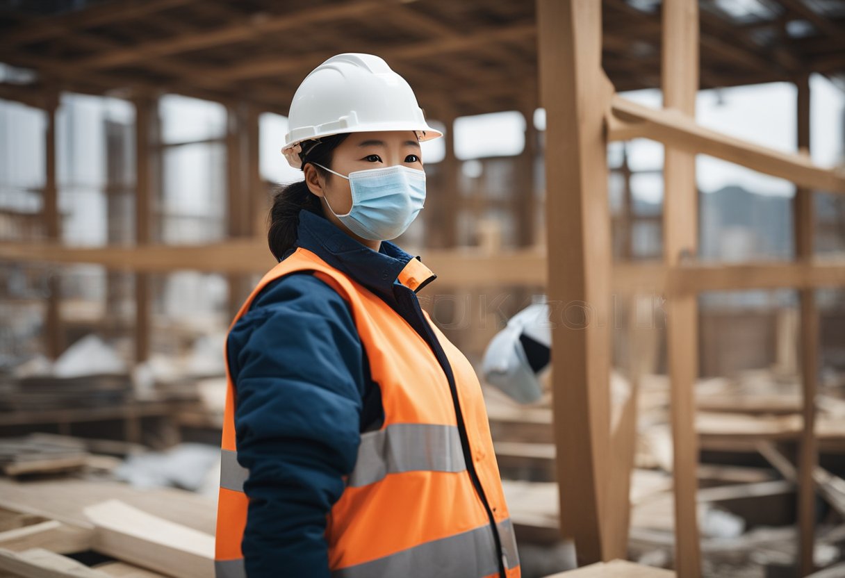 A pregnant woman oversees a renovation site, ensuring Chinese safety measures are followed. Materials are organized, workers wear protective gear