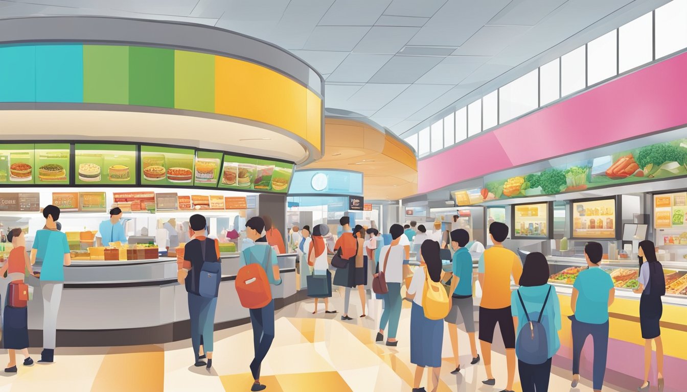 Customers line up at various food outlets in Changi Terminal 1, with colorful signage and bustling activity