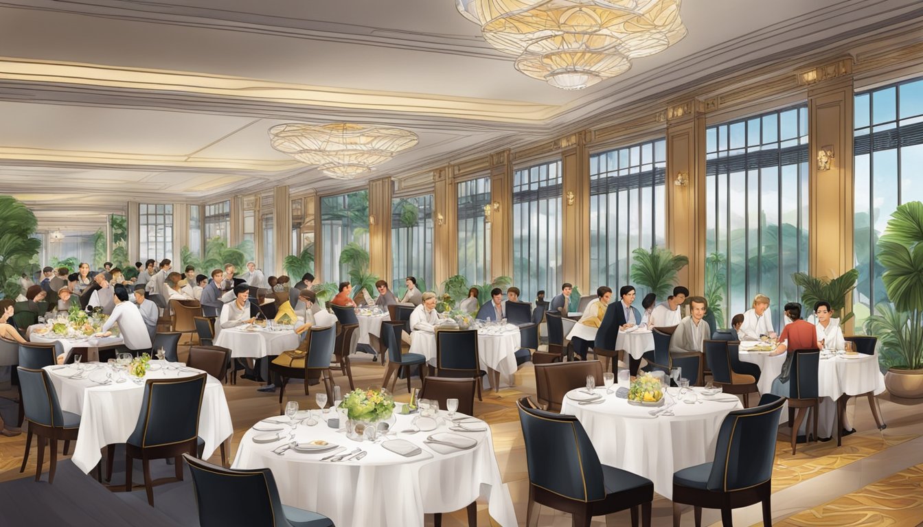The bustling Ritz Carlton restaurant in Singapore, with guests dining and staff attending to their needs