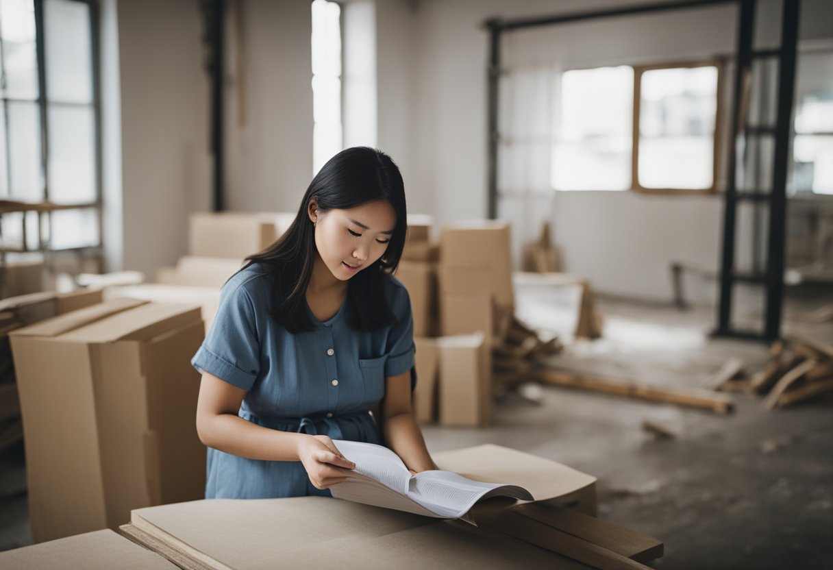 A pregnant woman oversees a renovation project while reading a Chinese FAQ booklet