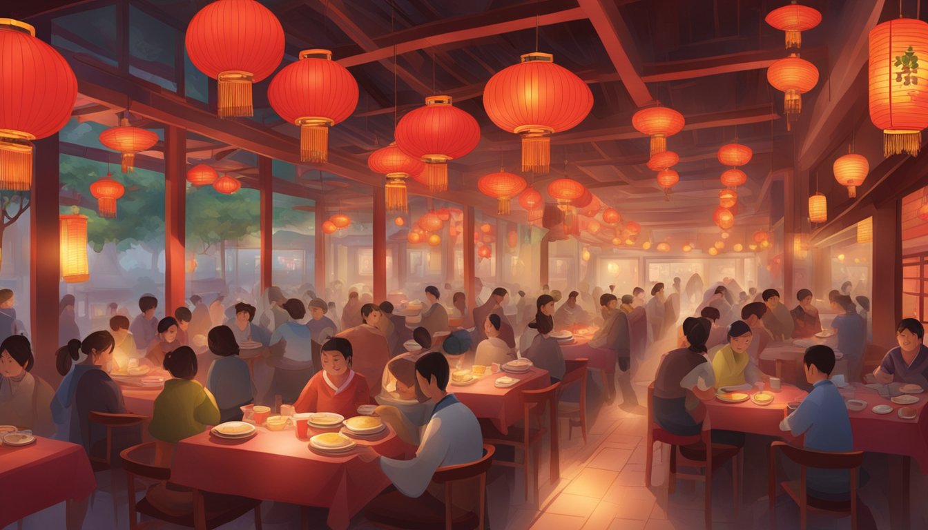 A bustling Hunan restaurant with steaming pots, sizzling woks, and colorful dishes on tables. Red lanterns hang from the ceiling, casting a warm glow over the lively atmosphere