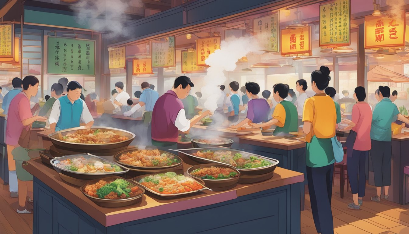 Customers peruse a colorful menu at a bustling Hunan restaurant, with steam rising from sizzling dishes in the background