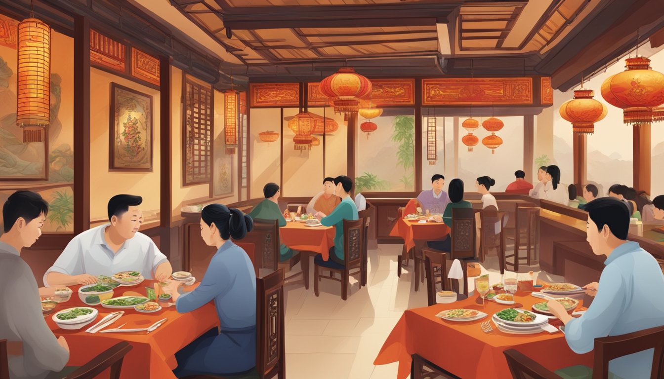 Customers dining at Hunan restaurant, surrounded by traditional Chinese decor, with steaming plates of spicy dishes on the tables