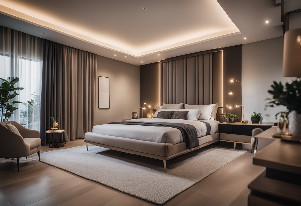 A cozy bedroom with a modern bed, stylish nightstands, and a sleek dresser. Soft lighting and plush bedding create a warm and inviting atmosphere