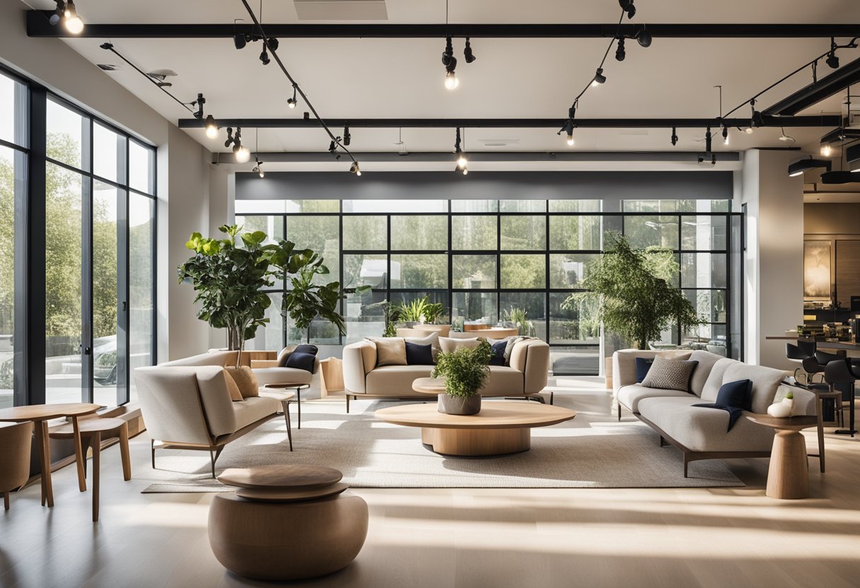 A bright, modern showroom with eco-friendly furniture displayed in a spacious layout. Natural light floods in through large windows, highlighting the sustainable materials used in the products