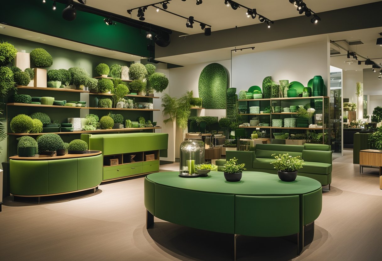 A bustling showroom displays a wide variety of green furniture and decor items at the Singapore furniture shop