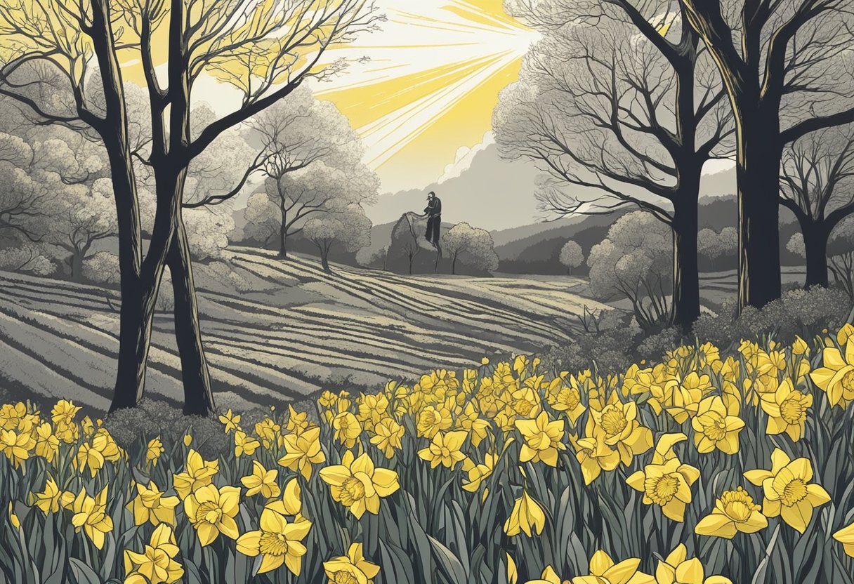 Sunlight streaming through a field of golden daffodils. A canary perched on a branch. A ripe lemon hanging from a tree
