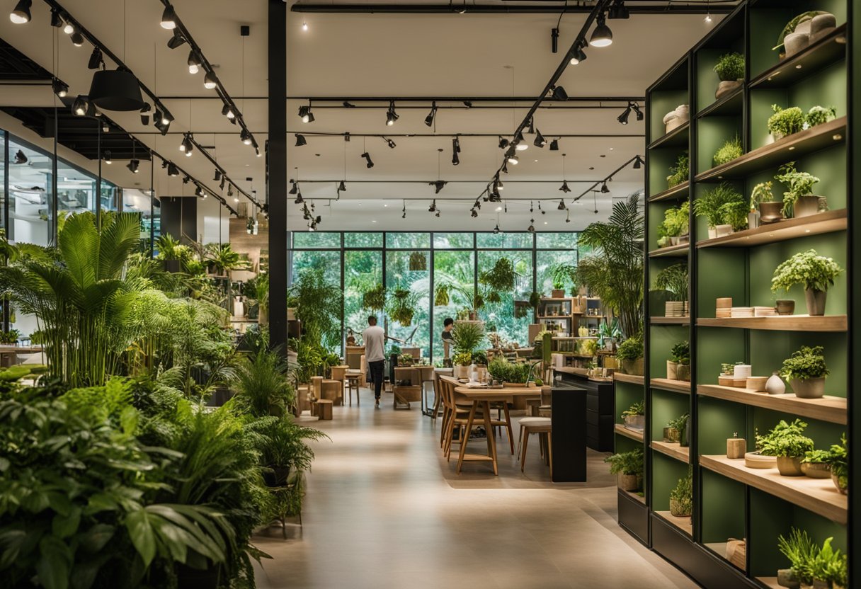 The green furniture shop in Singapore is bustling with customers browsing through the wide selection of eco-friendly and stylish pieces. The shop's vibrant atmosphere is accentuated by the lush greenery and natural light flooding in through the large windows