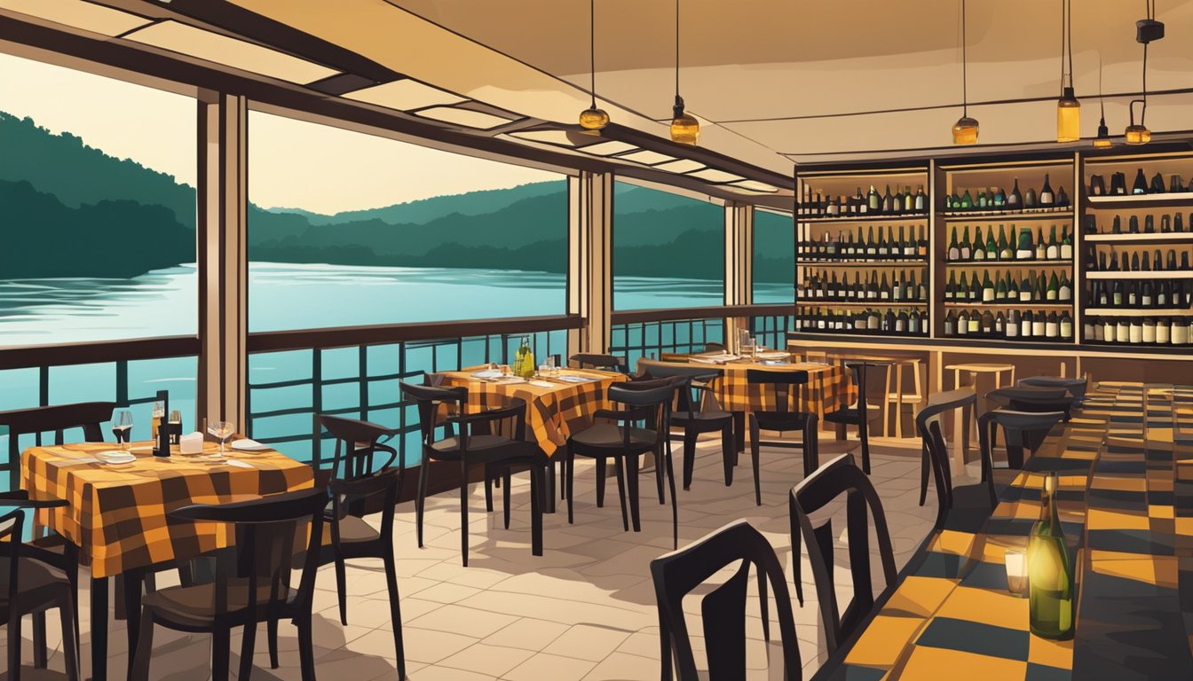 Tables set with checkered tablecloths, wine bottles on shelves, dim lighting, and a view of the river at an Italian restaurant in Clarke Quay