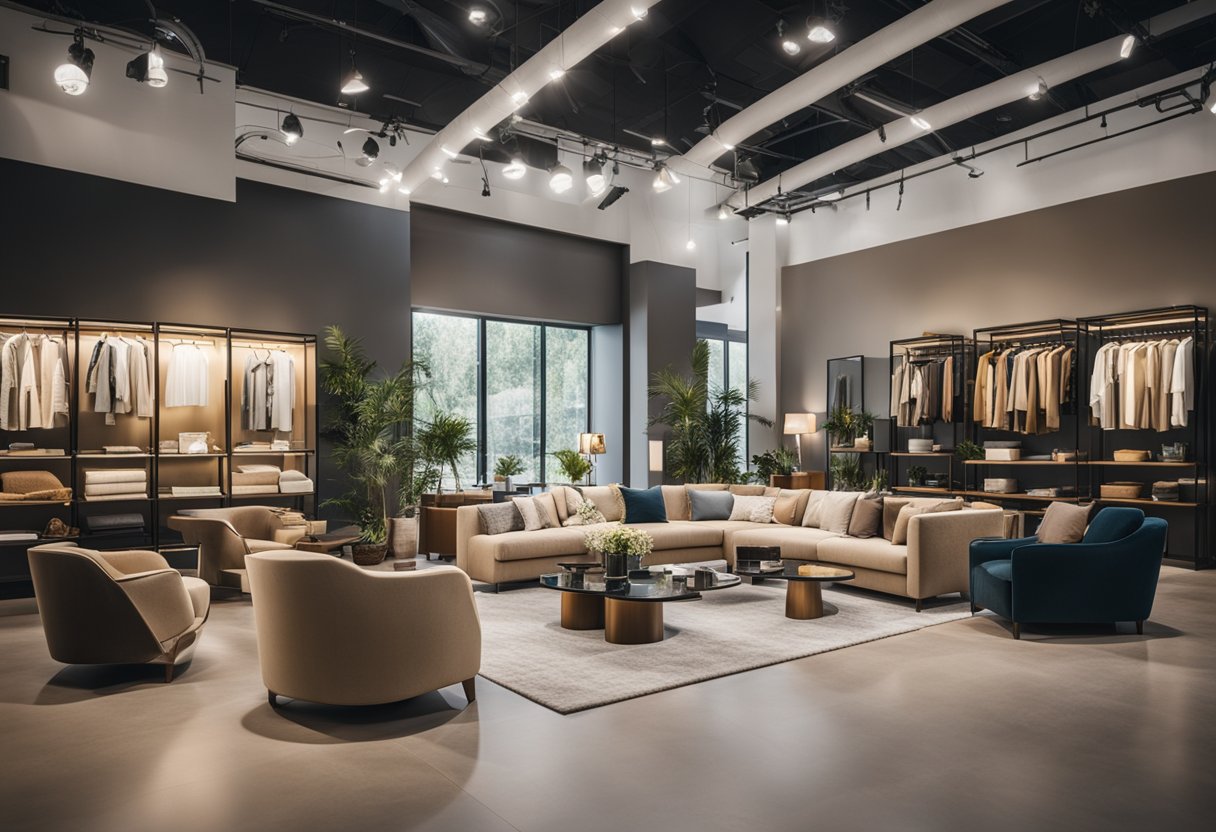A spacious showroom filled with modern and elegant furniture collections, bathed in natural light from large windows