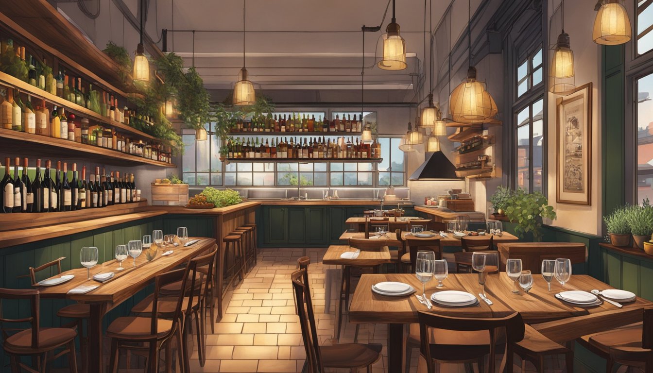 A cozy Italian restaurant in Clarke Quay, with dim lighting, rustic wooden tables, and shelves filled with wine bottles. The aroma of garlic and tomatoes fills the air as chefs work in an open kitchen