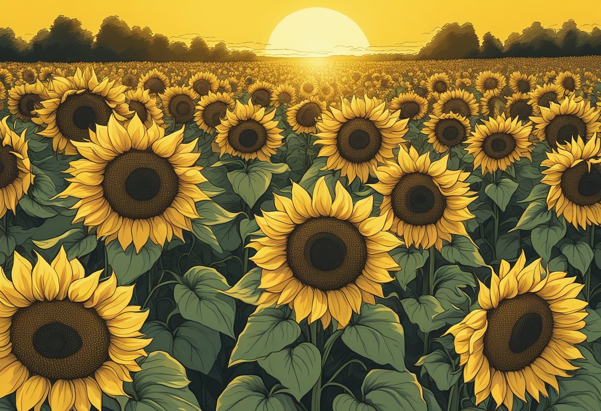 A field of sunflowers basking in the golden sunlight, their petals radiating a warm and vibrant yellow hue