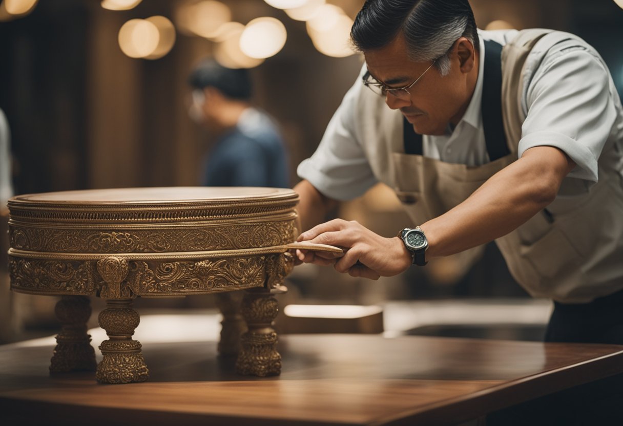 A master craftsman meticulously customizes a luxurious piece of furniture at a summit in Singapore