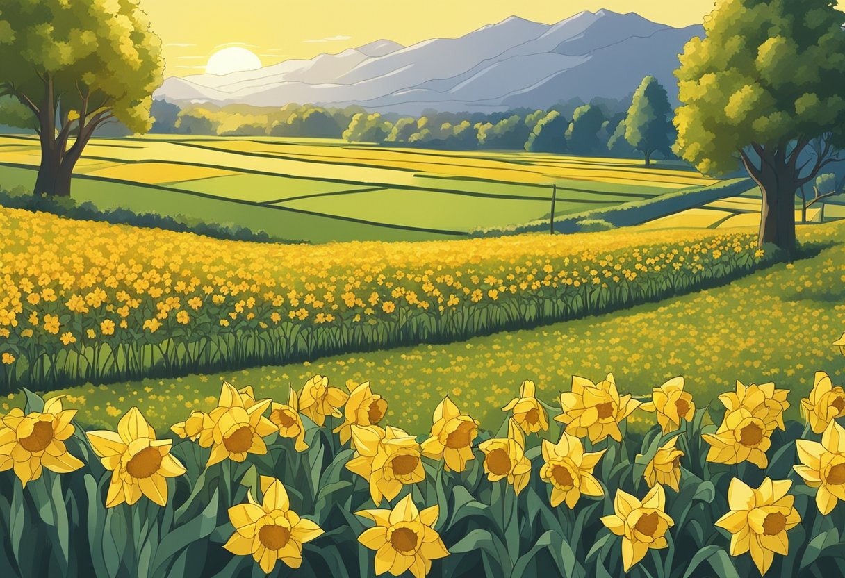 A sunny field with daffodils and sunflowers, casting a golden glow