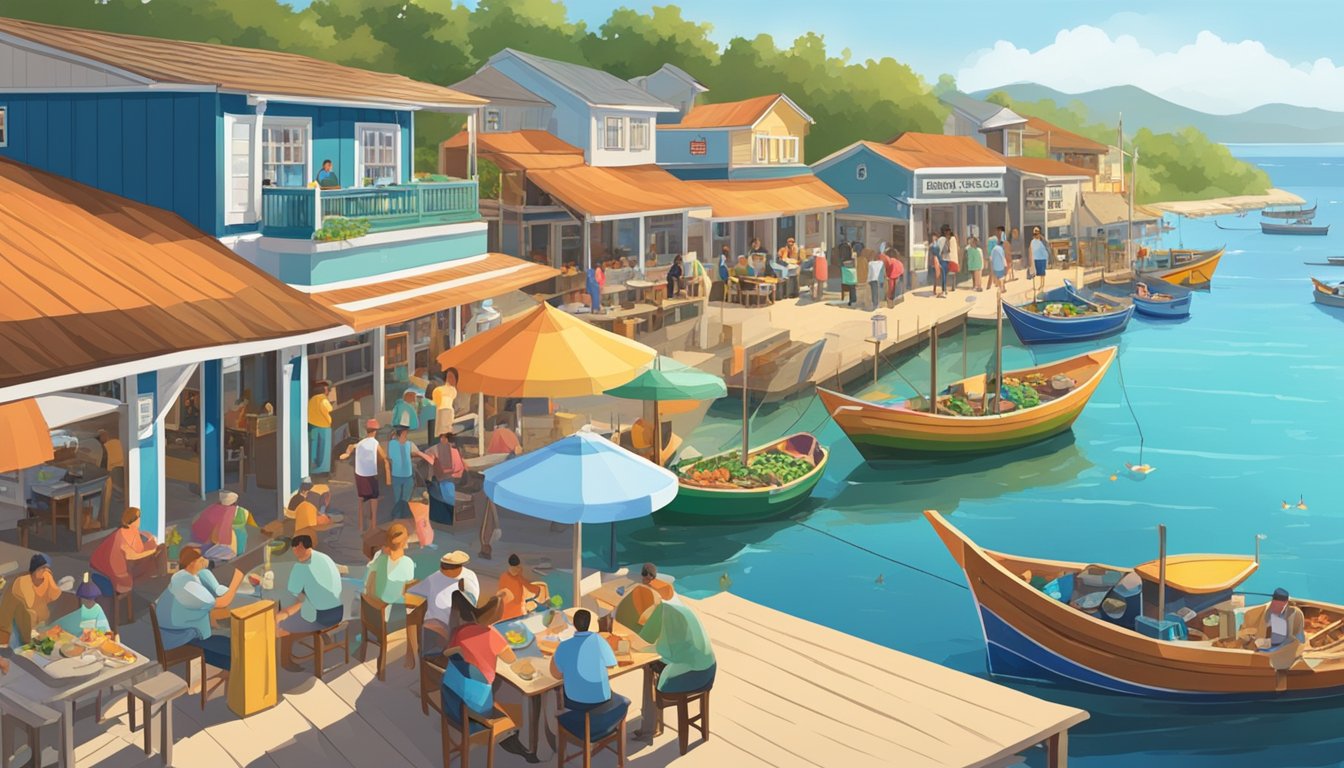 A bustling seafood village restaurant with colorful fishing boats docked nearby, and locals selling their fresh catch. Outdoor tables are filled with diners enjoying the ocean view