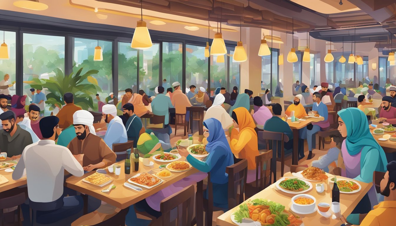 A bustling halal restaurant in Woodlands, with colorful decor and a diverse crowd enjoying delicious cuisine
