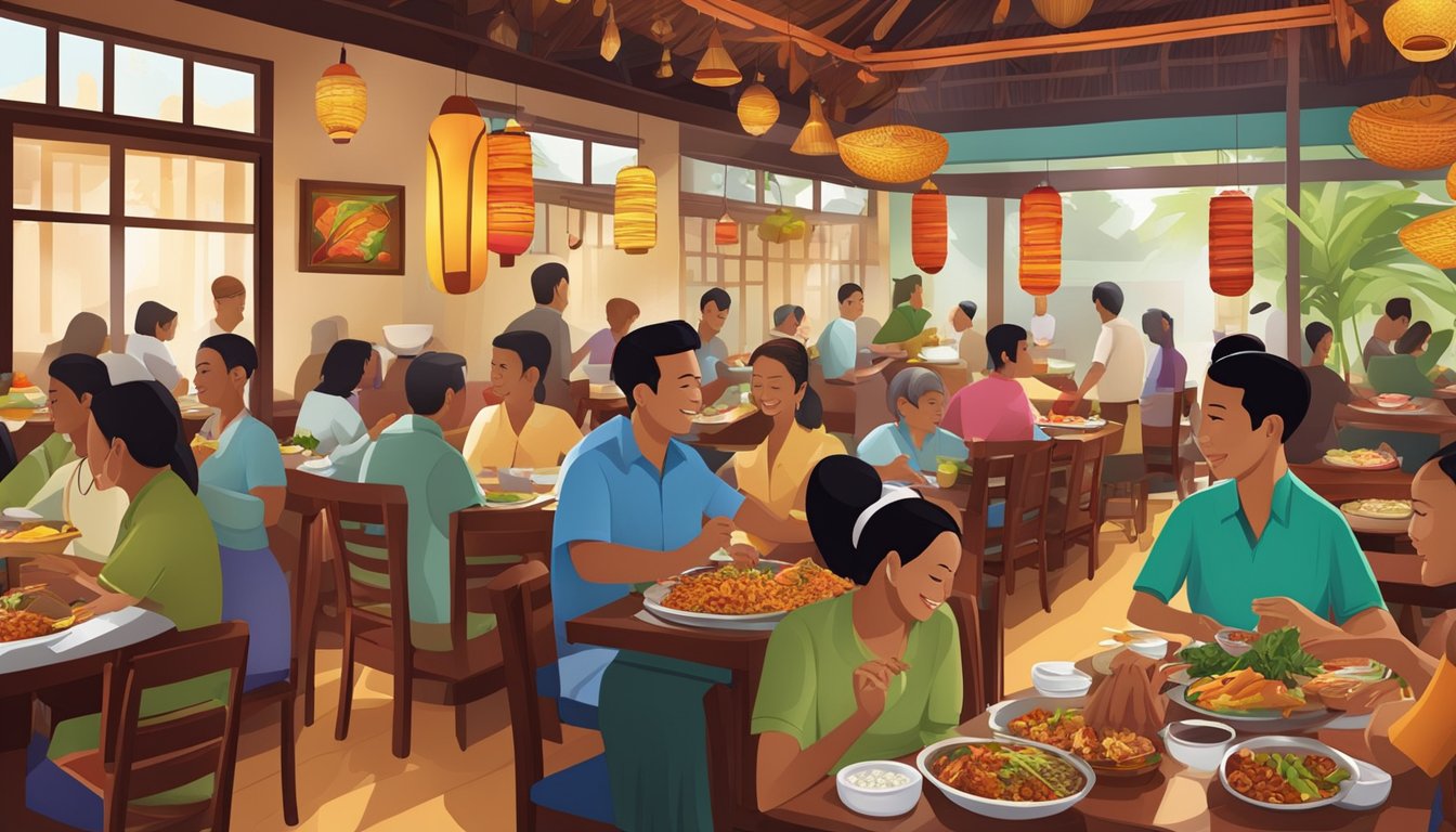A bustling Indonesian restaurant with colorful decor, traditional music, and the aroma of sizzling spices filling the air