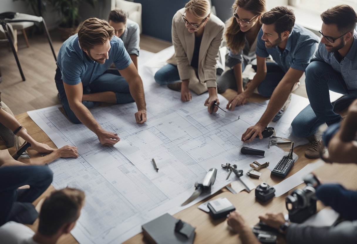 A group of people gather in a room with blueprints and tools, ready to start a renovation project