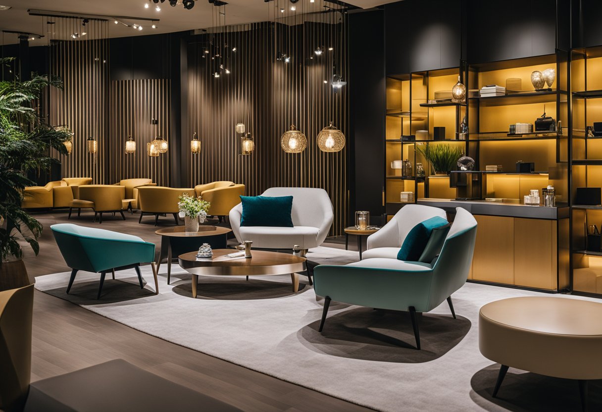 A modern furniture showroom in Singapore, with sleek designs and vibrant colors, showcasing various pieces for a FAQ summit