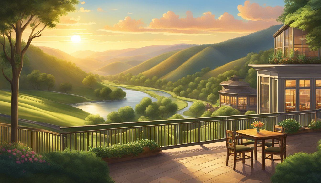 The hillview restaurant overlooks a lush green valley, with a winding river and tall trees in the distance. The sun sets behind the hills, casting a warm glow over the scene