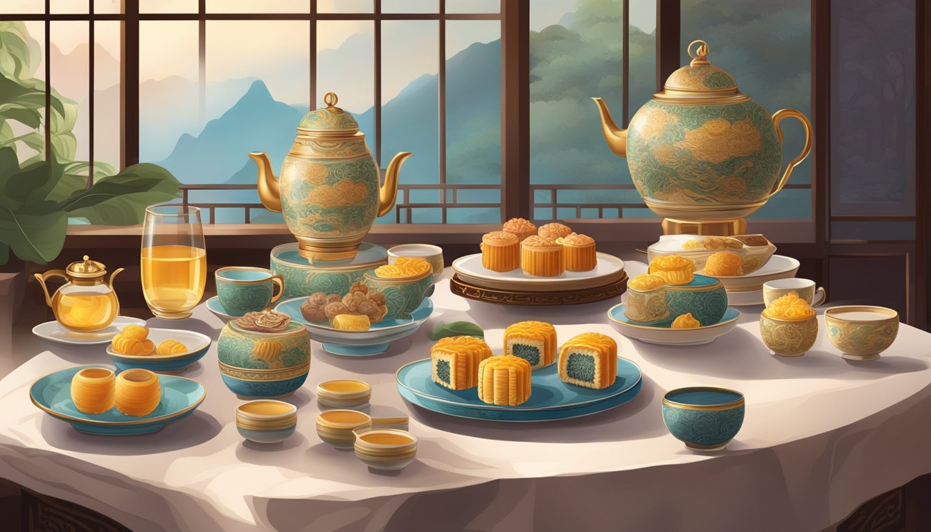 A table set with elegant Chinese teaware, adorned with a selection of exquisitely crafted mooncakes, surrounded by the warm ambiance of Hua Ting Restaurant