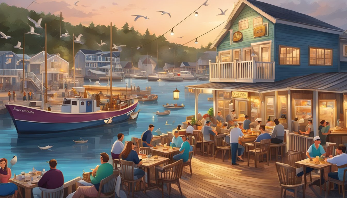 A bustling seafood village restaurant with outdoor seating and colorful signage, surrounded by fishing boats and the sound of seagulls
