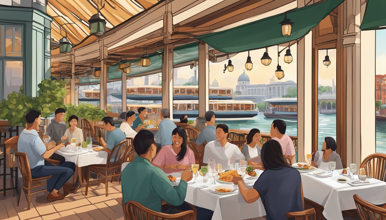 Customers enjoying authentic Italian cuisine at a lively restaurant in Clarke Quay, with cozy outdoor seating and a view of the bustling riverside