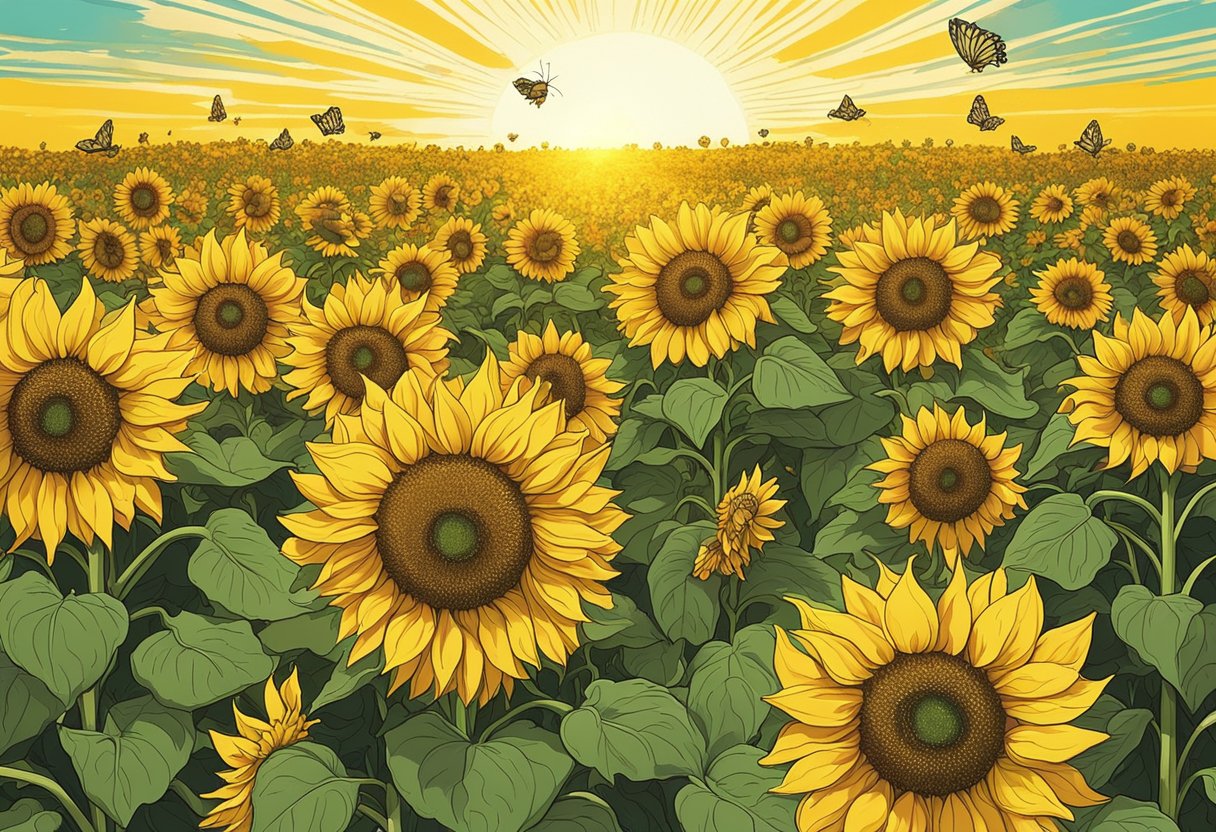 A field of sunflowers basking in the golden sunlight, with bees buzzing around and butterflies fluttering among the vibrant yellow petals