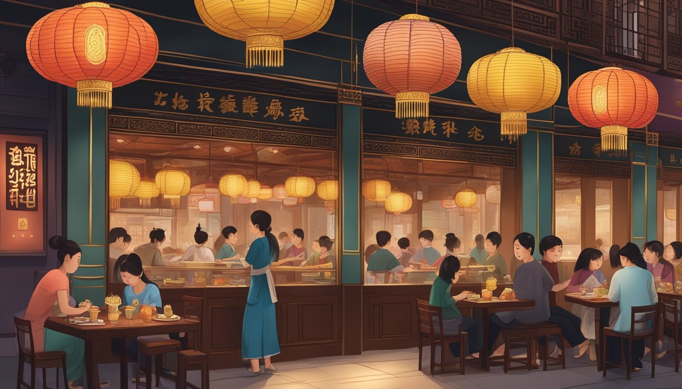 A bustling restaurant with ornate decor, dim lighting, and tables filled with diners enjoying traditional Chinese cuisine. A display of beautifully crafted mooncakes sits at the entrance, drawing in passersby