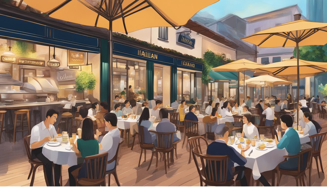 A bustling Italian restaurant at Clarke Quay, with diners enjoying their meals, waiters bustling about, and the aroma of delicious food filling the air