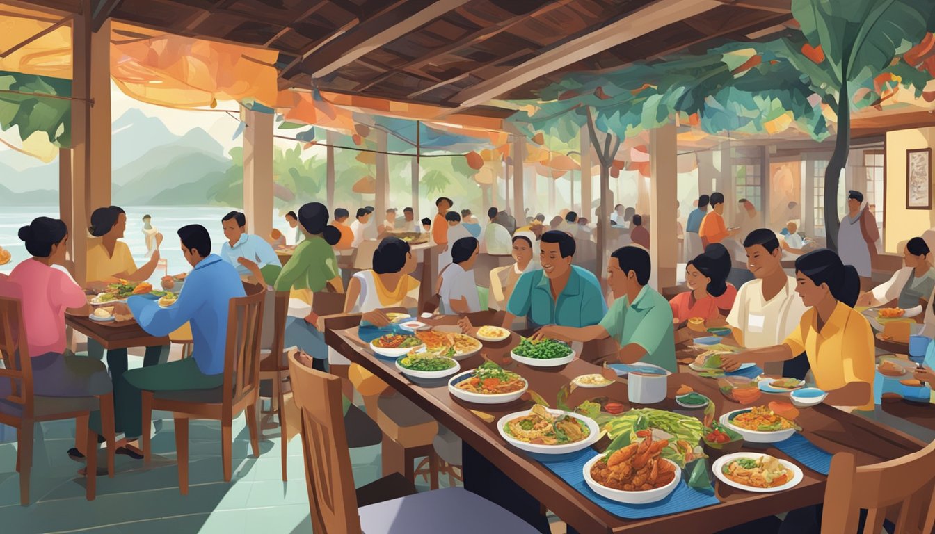A bustling Indonesian restaurant with colorful decor, steaming plates of gurame fish, and happy diners enjoying their meals