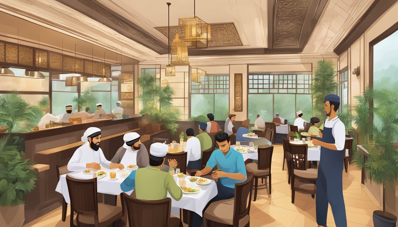 A bustling halal restaurant in Woodlands, with customers dining and staff serving. The interior is warm and inviting, with traditional decor and a pleasant aroma of spices in the air