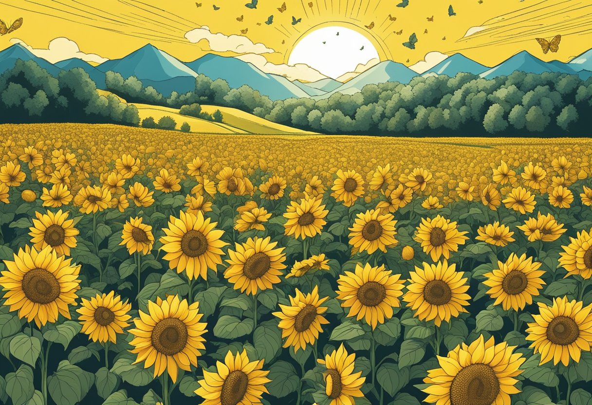 A bright yellow sunflower blooming in a field, surrounded by golden butterflies fluttering around, with a gentle breeze carrying the scent of fresh lemons
