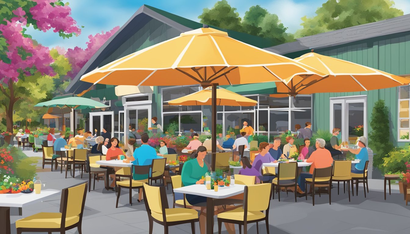 Vibrant outdoor dining area with colorful umbrellas, bustling kitchen, and happy diners enjoying a variety of delicious dishes at Hillview's Culinary Delights restaurant