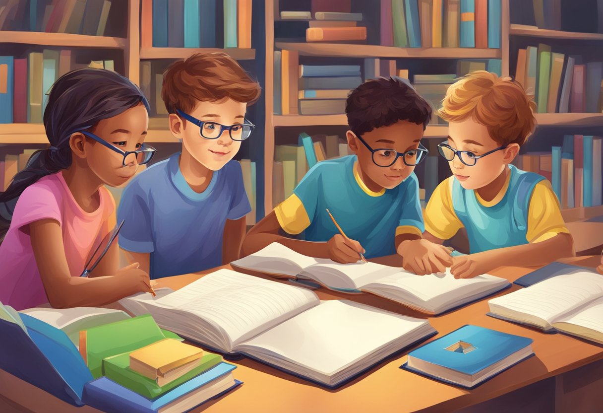 A group of children working together to solve complex academic problems, using books, computers, and creative thinking tools