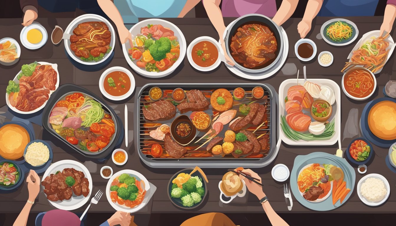 A lively Korean family restaurant with sisters enjoying a BBQ feast. A table filled with sizzling meats, colorful side dishes, and a warm, inviting atmosphere