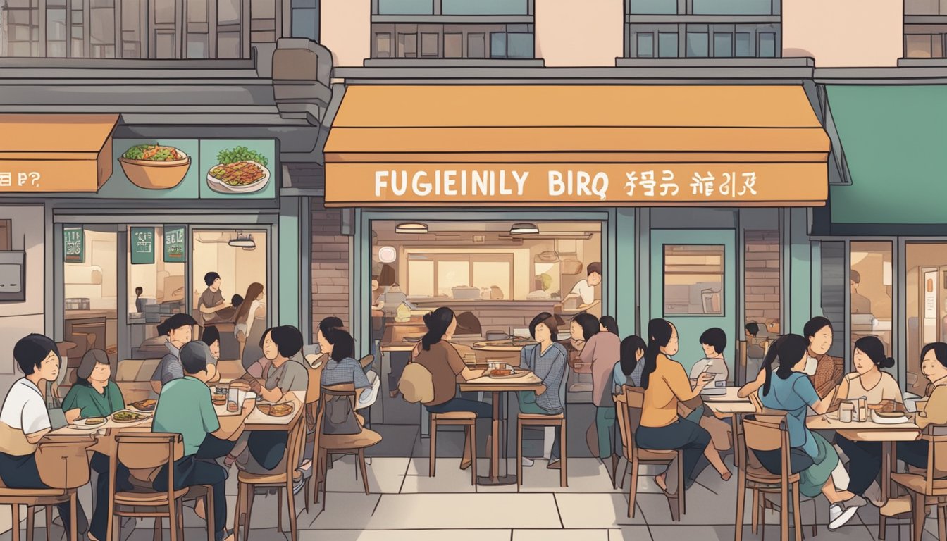 A bustling Korean family restaurant with a BBQ grill, tables filled with customers, and a sign reading "Frequently Asked Questions Sisters BBQ"