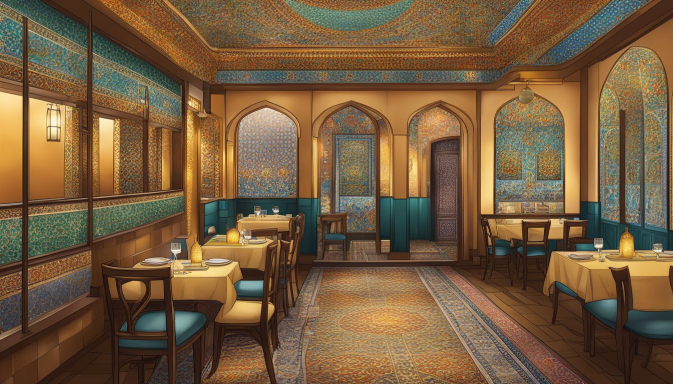 An Iranian restaurant in Singapore, with colorful mosaic tiles, ornate Persian rugs, and the scent of aromatic spices filling the air