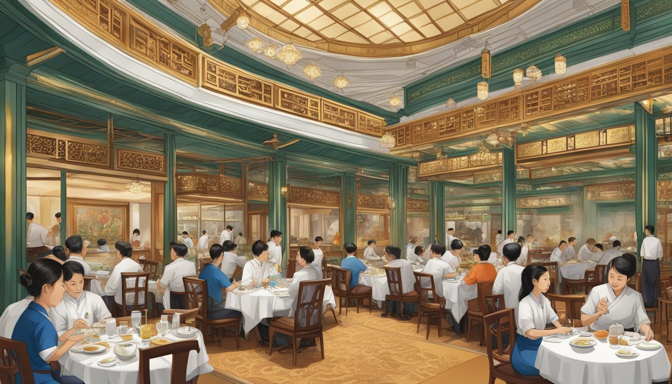 The bustling Imperial Restaurant in Singapore, with ornate decor and busy waitstaff serving traditional Chinese cuisine