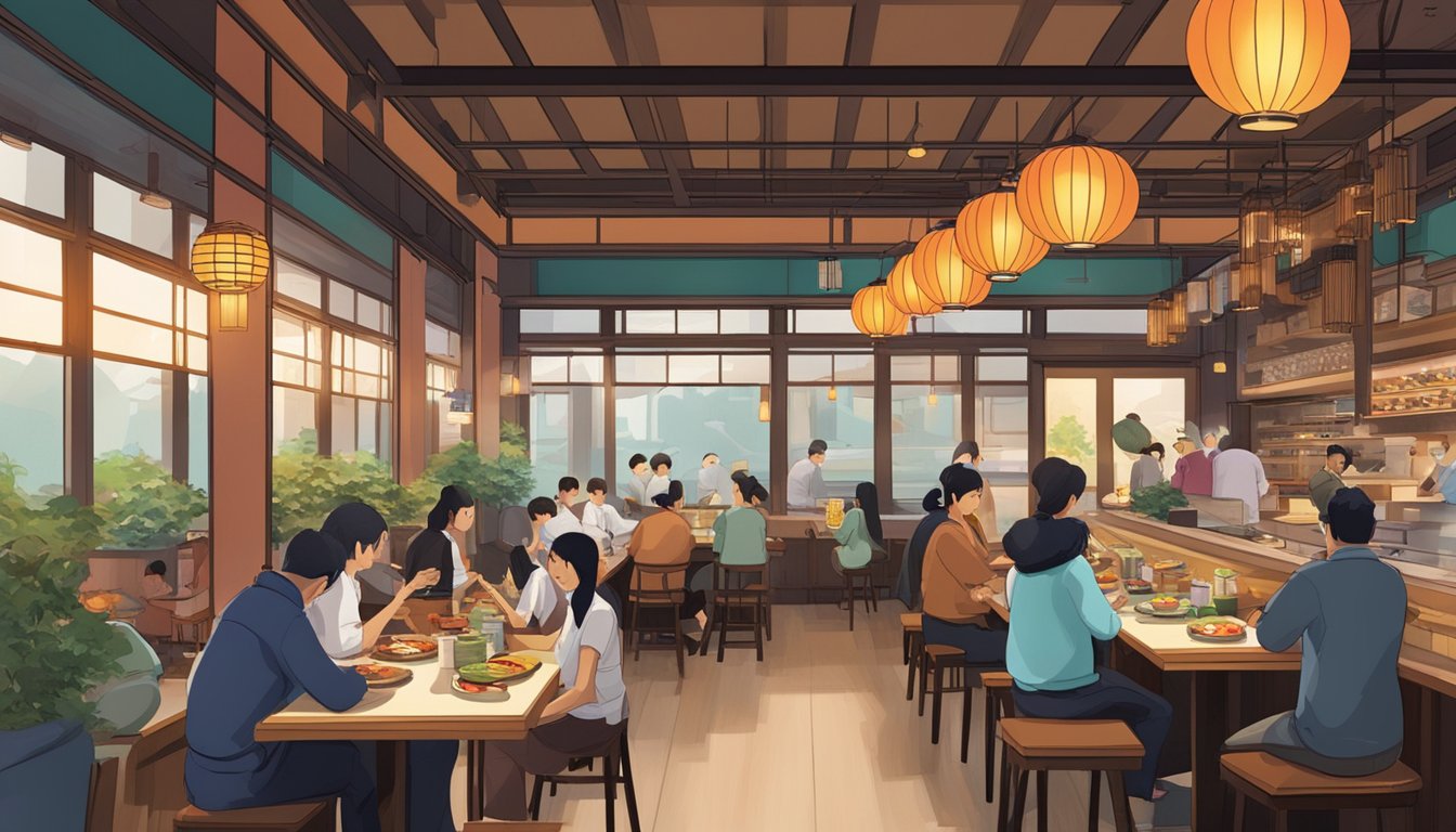 A bustling Japanese restaurant, with colorful lanterns hanging from the ceiling and a sushi bar in the center. Patrons sit at low tables, enjoying their meals while chefs skillfully prepare dishes behind the counter