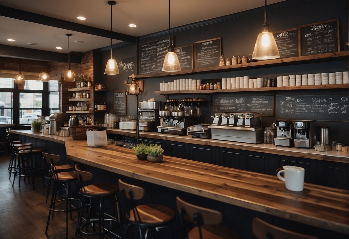 A bustling coffee bar with a variety of seating options, including cozy armchairs and high-top tables. A large chalkboard menu displays an array of coffee options, while shelves behind the bar are stocked with an assortment of mugs and brewing equipment