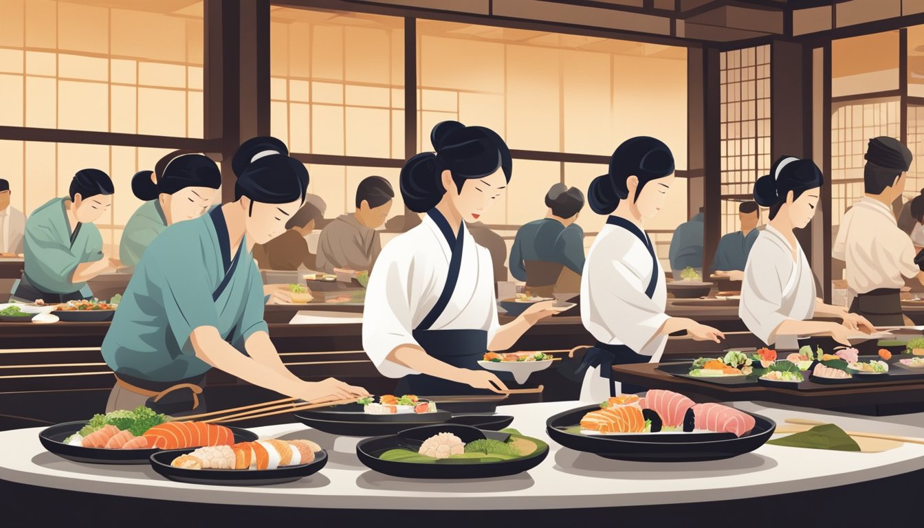 Customers enjoying a variety of traditional Japanese dishes in a modern, elegant restaurant setting. Sushi, sashimi, and teppanyaki are being prepared and served by skilled chefs