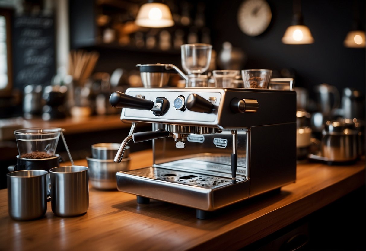 A sleek espresso machine steams as a barista grinds fresh coffee beans. Shelves display various coffee accessories and mugs. A chalkboard menu lists specialty drinks