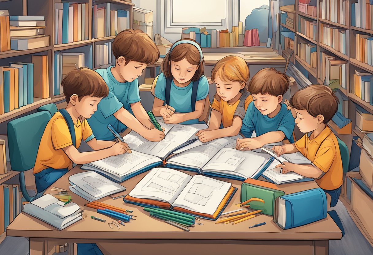 A group of children working together to solve a complex problem, surrounded by books, tools, and brainstorming materials
