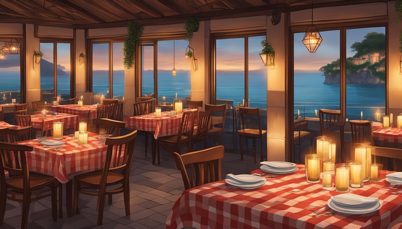 A cozy Italian restaurant on Sentosa Island with rustic decor, dim lighting, and a view of the ocean. Tables are set with red checkered tablecloths and flickering candles, creating a warm and intimate atmosphere