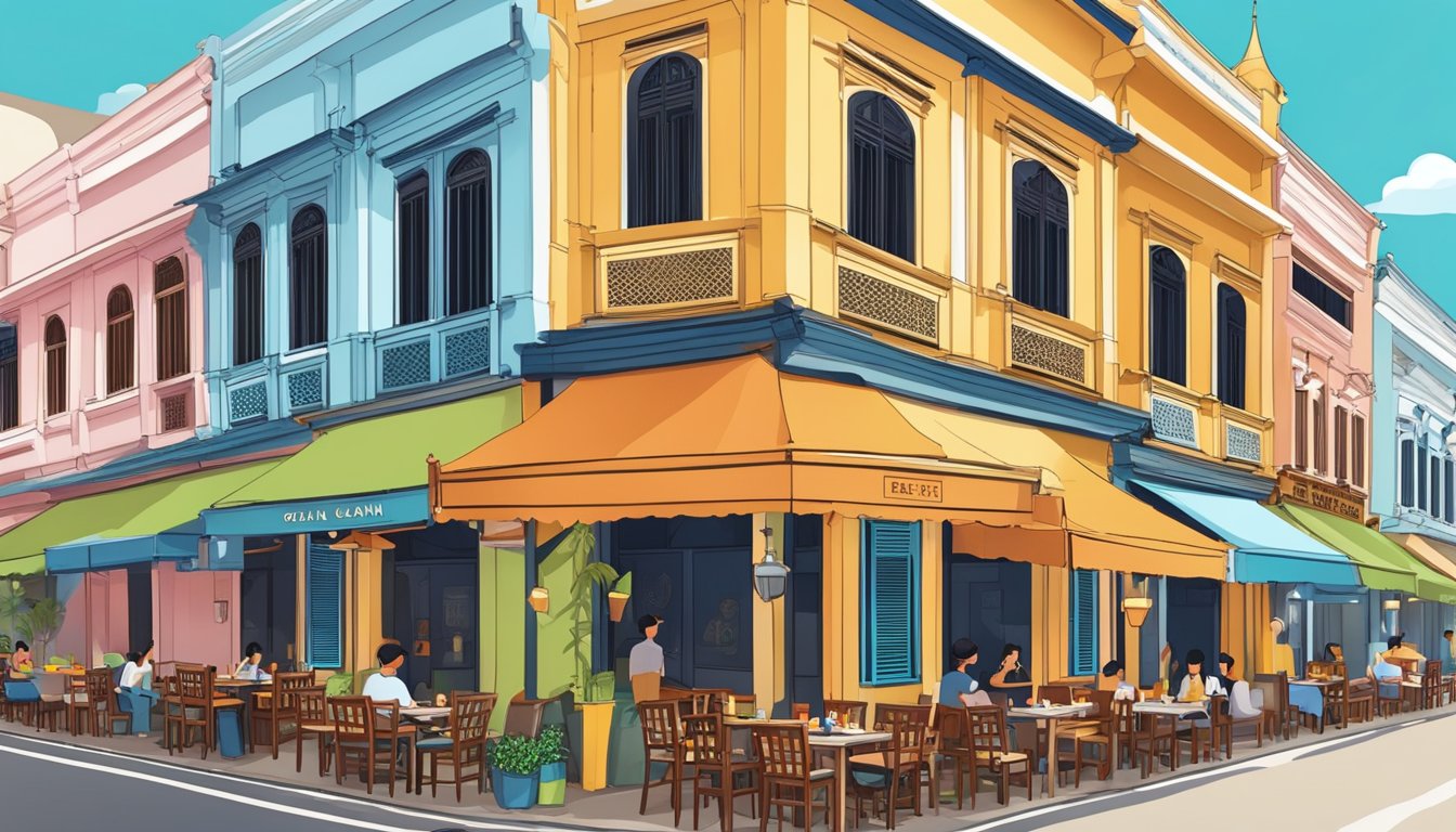 Colorful kampong glam restaurants line the bustling street, with outdoor seating and vibrant signage, creating a lively and inviting atmosphere
