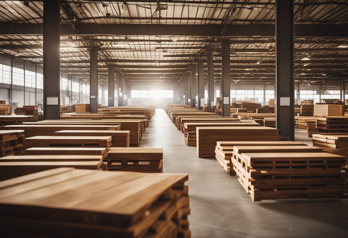 A warehouse filled with teak furniture, neatly arranged in rows. Sunlight streams through the windows, casting warm, natural hues on the polished wood surfaces