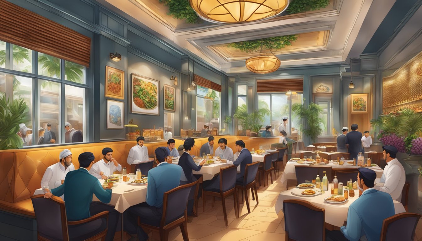A bustling kosher restaurant in Singapore with elegant decor, filled with the aroma of sizzling meats and exotic spices