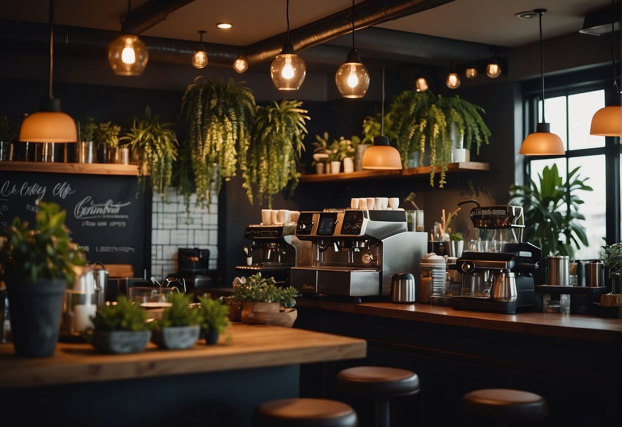 A bustling coffee bar with sleek, modern equipment and cozy seating, adorned with plants and warm lighting. A barista expertly crafts drinks while customers chat and enjoy the inviting atmosphere