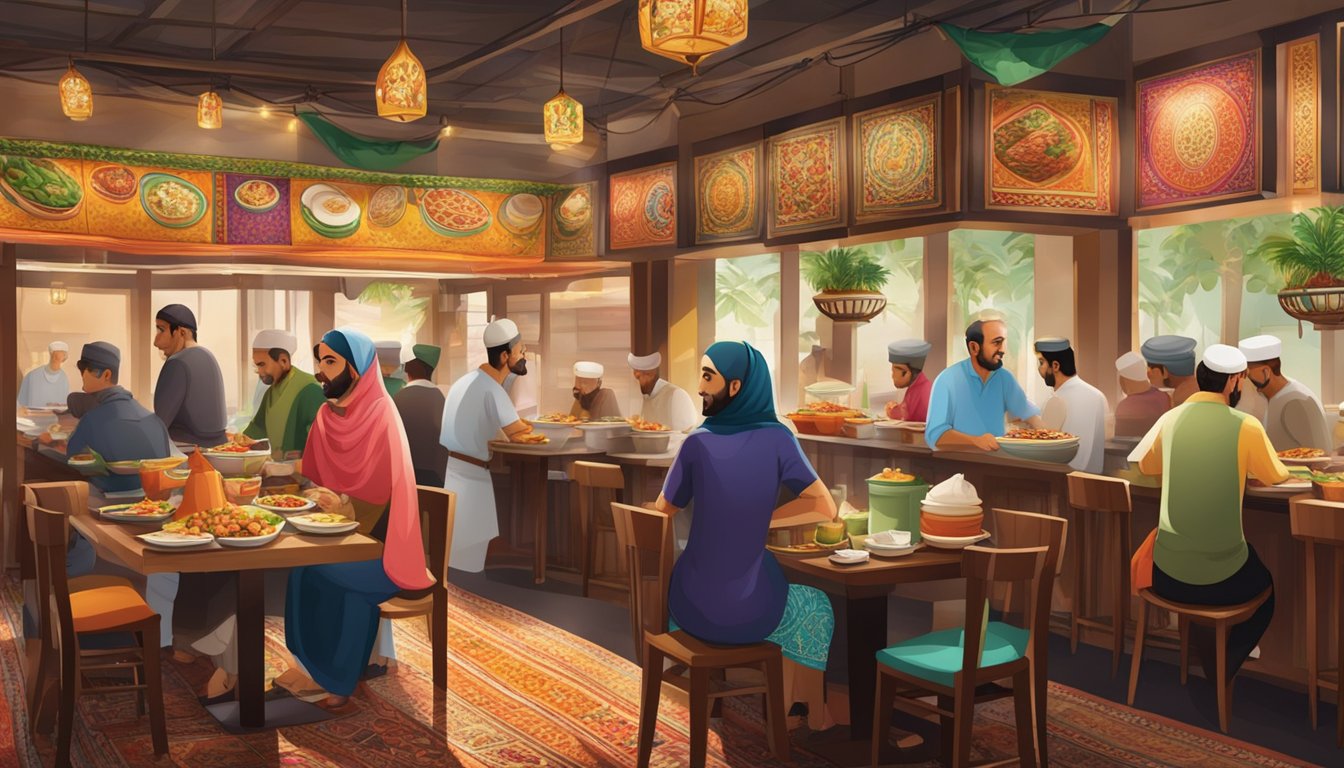 A bustling Iranian restaurant in Singapore with traditional decor, colorful Persian rugs, and a display of kebabs and rice dishes at the counter
